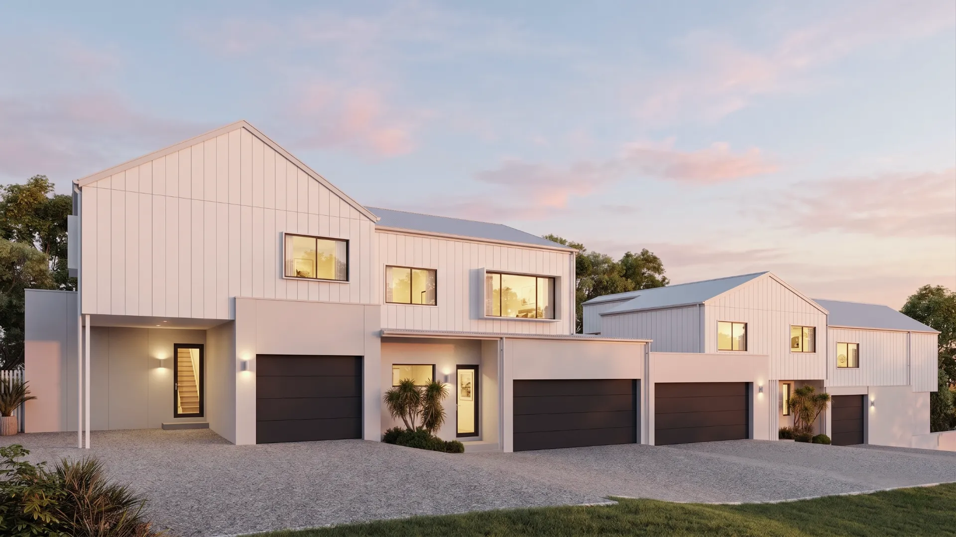 Photorealistic architectural visualization of a contemporary residence at golden hour